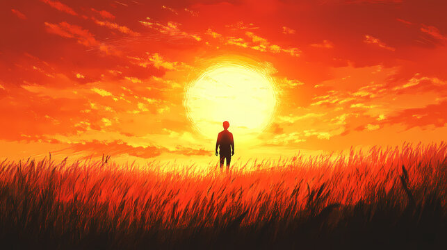 Silhouette of a man against a fiery sunset, reflective solitude and dusk's embrace style, contemplative mood concept, suitable for introspective and motivational themes. Golden Fields. Illustration
