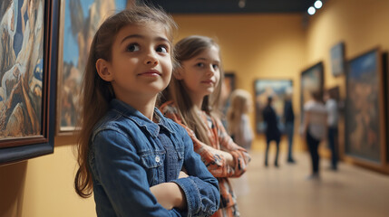 Group of children attentively observing artworks in a museum, learning about history and culture, with curious expressions as they explore different paintings and exhibits.