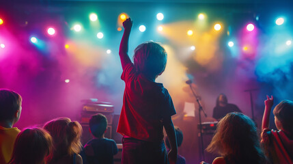 Children enjoying a vibrant concert with colorful lights, dancing and cheering, fully immersed in...