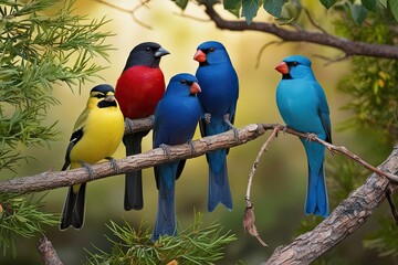 Obraz premium Colorful Group of Birds Perched on Branches in Wildlife Scene