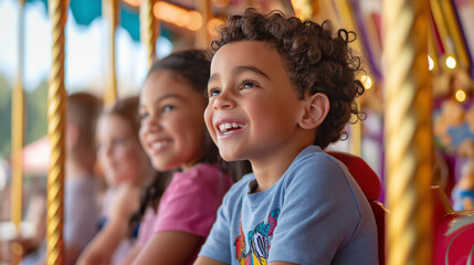 Obraz premium Group of happy children riding on a carousel, smiling and laughing as they enjoy the fun and excitement of the amusement park in the warm, sunny weather.