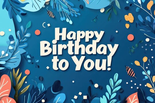 lat illustration of "Happy Birthday to You!" text with blue color, simple design, long shadow effect, minimalist style, flat vector design for web banner background Generative AI