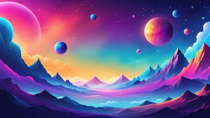 Obraz premium A vibrant cosmic landscape with colorful planets and mountains under a starry sky.
