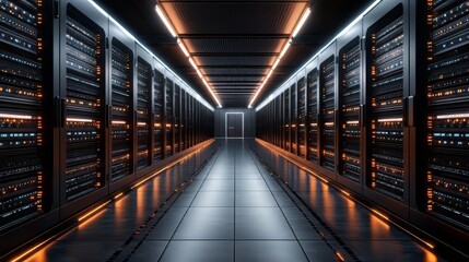 Fototapeta premium A modern data center with rows of servers, showcasing advanced technology and efficient design for data management. data migration. Ultra realistic. Photorealistic