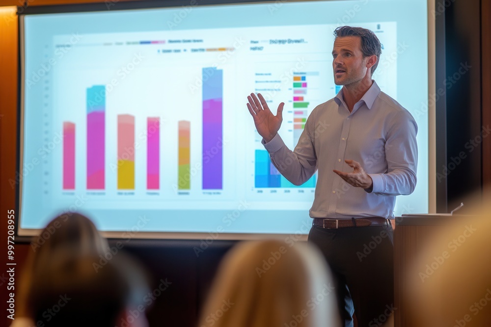 Leinwandbilder an expert stands confidently presenting insights on colorful charts and graphs during a conference t