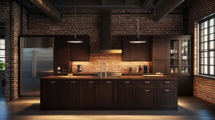 A modern industrial kitchen with dark wooden cabinets, stainless steel fixtures, and a large brick island with pendant lighting