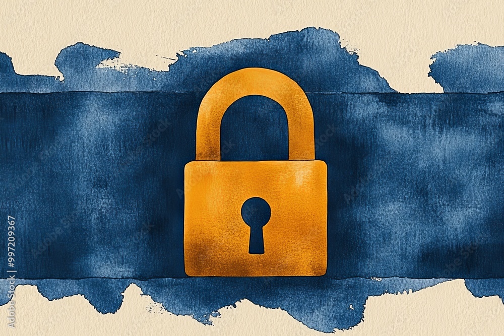 Wall mural yellow lock over a textured blue and beige background symbolizing digital encryption privacy and dat