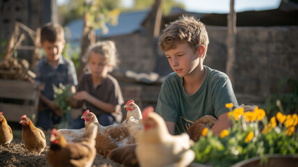 Group of children feeding animals on a farm, engaging in hands-on learning about agriculture and animal care, surrounded by nature and the peaceful farm environment.