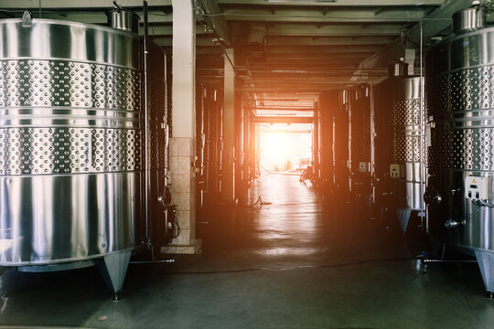 Large tanks for fermentation in the modern winery
