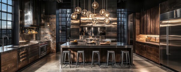 A modern industrial kitchen with dark wood cabinetry, stainless steel countertops, and a center island with high stools under dramatic industrial chandeliers