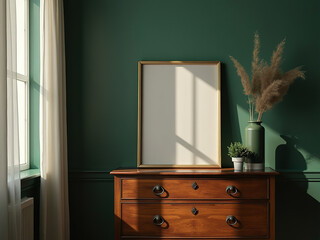 3D Render of Mock-up Frame Standing on Commode in Dark Green Home Interior, Close-Up, Perfect for Interior Design and Contemporary Decor