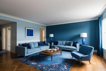 Empty Living Room with Blue Tones and Modern Furniture