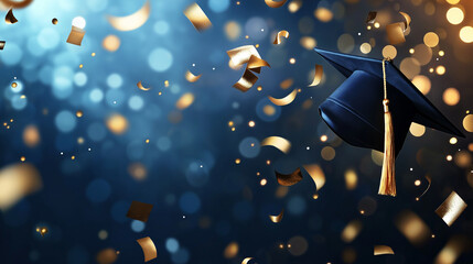 Blue background illustration with bokeh colorful shiny gold confetti and graduation cap, copy space. College university degree diploma achievement celebration, congratulations, award, academy banner