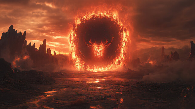 An intense portrayal of a demon emerging from a portal of dark flames in the center of a desolate wasteland.