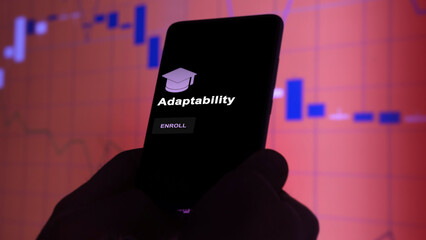 A student enrolls in courses to study adaptability program, learn new skill and pass certification, on a phone. Text in English, English text.