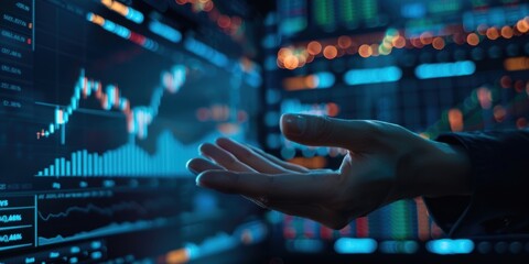 Corporate scene highlighting innovation and economic insights, featuring an empty-handed trader in a dimly lit workspace, focused on financial analysis and investment strategies