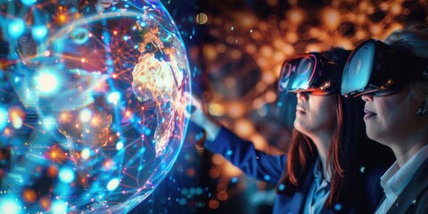Naklejka premium Collaboration in virtual reality with holograms, incorporating augmented reality and AI software for digital transformation and team strategy in a diverse global network