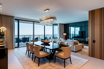 Fototapeta premium Modern Apartment Interior Design Featuring Upscale Dining Area and Bright Living Room with Stunning Views