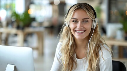 Telemarketing professional with a smile, showcasing customer support and consulting expertise in a communication company