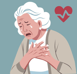 Elderly woman with heart attack pain. Cardiovascular disease concept. Vector flat illustration