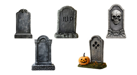 Obraz premium Gravestones and tombstones set collection for Halloween mockup, ideal photo for social media and banners, Isolated on Transparent Background, PNG