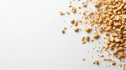 Crushed peanuts are scattered artfully across a smooth white surface, highlighting their varying sizes and textures in a close-up view. The composition emphasizes their natural color and shape