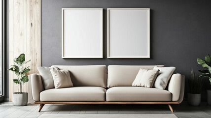 Mock up frames on the wall in a modern luxury minimalist living room with a beige sofa
