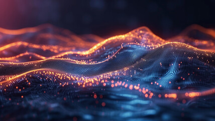 Abstract orange and blue particles flowing forming wavy surface