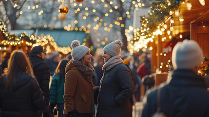 Fototapeta premium Chirstmas Market with happy Girlfriends