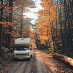 Obraz premium Travel trailer parked in an autumn forest surrounded by orange and yellow leaves