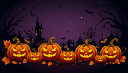 Happy Halloween, celebration pumpkin, jack-o-lantern with Text,   spooky night mysterious forest darkness scene background