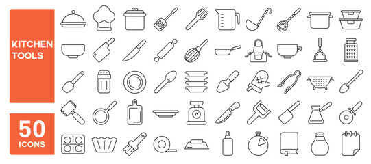 Set of 50 line icons related to kitchen tools, supplies, spoon, fork, knife, plate, glass, pot, ware, hat, spatula, whisk, brush, pan, Editable stroke. Vector illustration
