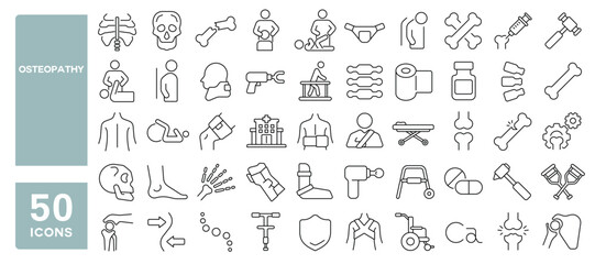 Obraz premium Set of 50 line icons related to osteopathy, chiropractic, therapy, bones, spine, massage, joint, scoliosis, treatment, orthopedic, Editable stroke. Vector illustration