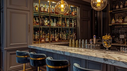 A sophisticated bar room with a marble countertop, velvet stools, and gold light fixtures Custom cabinets hold a variety of spirits for high-end entertaining