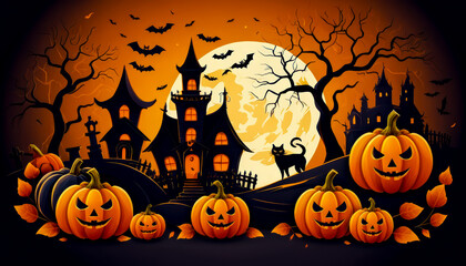 Black cat and jack-o'-lantern pumpkins with bats and Halloween decorations. Watercolor illustration with Happy Halloween text. Halloween celebration. Design for greeting card, poster, invitation