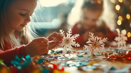 Children making Christmas snowflake ornaments during holiday craft activity