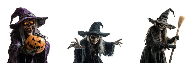 Halloween Witch Set: Scary Witch Holding Pumpkin and Broom, Scaring - Ideal Photo for Social Media and Banners, Isolated on Transparent Background, PNG