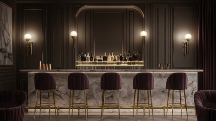 A sophisticated cocktail room featuring a marble bar, velvet high-back stools, and gold lighting fixtures Ideal for elegant evening entertainment and socializing