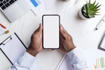 Professional using a cellphone to browse the internet and check schedules in an office setting, engaging with clients through technology