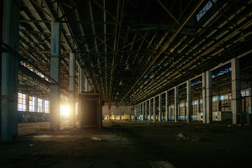 Old broken empty abandoned industrial building interior