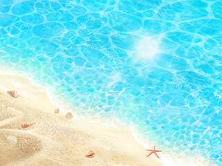 Fototapeta premium Beautiful background of sea waves shimmering with starfish and shells on the beach under the sun and blue sky.