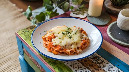 Pasta with Bubbling Cheese and Fresh Herbs on a Patterned Table with a Beige Rug