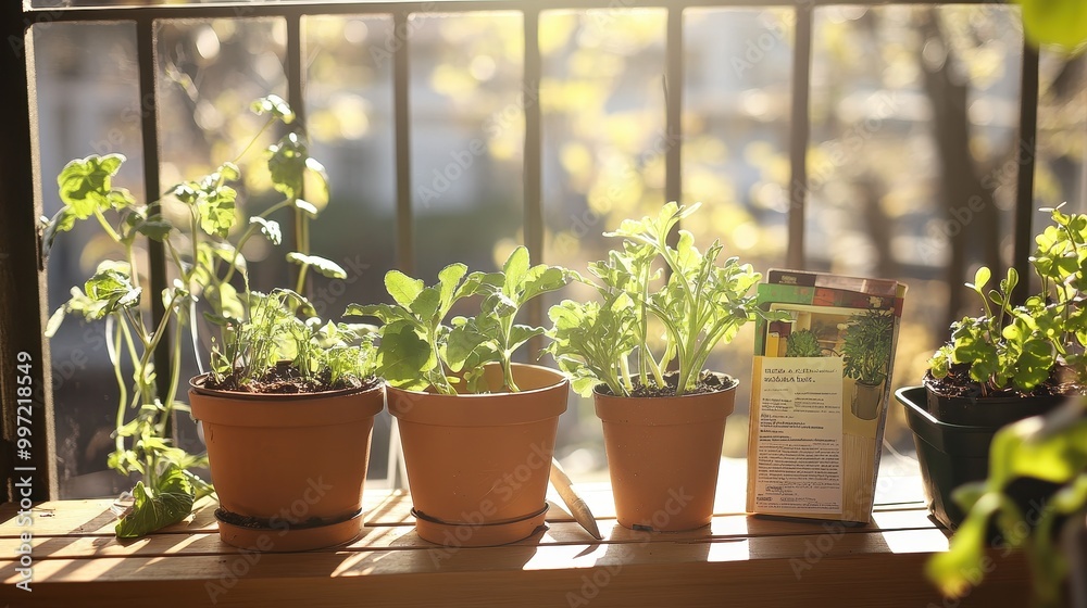 Sticker thriving indoor garden with sunlit potted plants