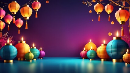 A vibrant display of colorful lanterns and candles against a gradient background.