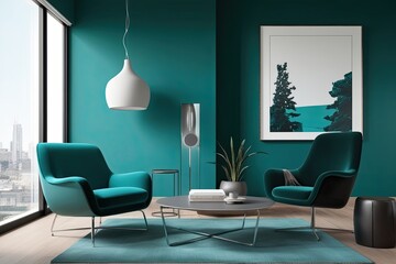 Stylish Minimalist Indoor Design with Teal Accent Walls and Modern Armchair