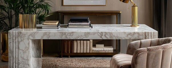 A sophisticated home office with a marble desk, gold bookends, and a velvet armchair This stylish and functional space is designed for productivity and comfort