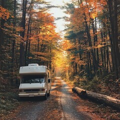 Obraz premium Travel trailer parked in an autumn forest surrounded by orange and yellow leaves