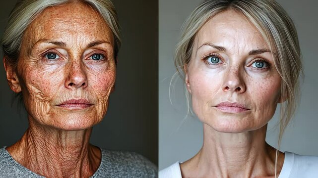 Before and after portrait of an older woman, showing natural aging and skin transformation.