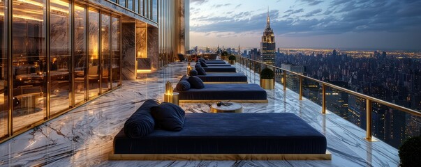 A sophisticated rooftop lounge with marble flooring, gold railings, and velvet daybeds Panoramic city views provide a stunning backdrop for evening gatherings