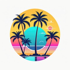Obraz premium A vibrant graphic of palm trees against a sunset backdrop, evoking a tropical paradise.